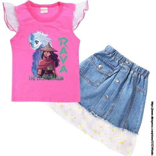 Raya and The Last Dragon Summer dress comfortable girl suit dress multicolor cotton T-shirt + Denim skirt skirt set girls gift