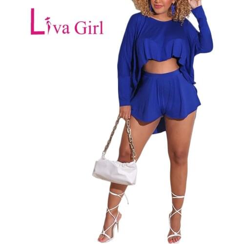 LIVA GIRL Casual Plus Size Loose Woman Bat Tops Solid Shorts Suit 2021 Female Spring/Summer Long Sleeve O-Neck Short Pants Set