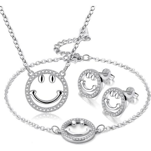 MIQIAO Silver Plated Round Face Smile Cute Pendant Collar Chains Necklace Bangle Bracelet Stud Piercing Earring Jewelry Sets Gif