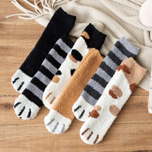 Fashion Plush Coral Fleece Women Socks Korean Female Tube Socks Kawaii Autumn Winter Cat Claws Cute Thick Warm Floor Sleep Socks