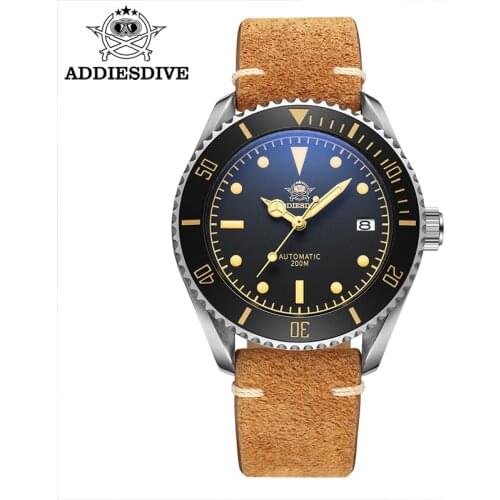 Addies Dive Mens Watch NH35 Movement Brown Plush Strap C3 Luminous Watch Stainless Steel Case Date Display 200m Diving Watches