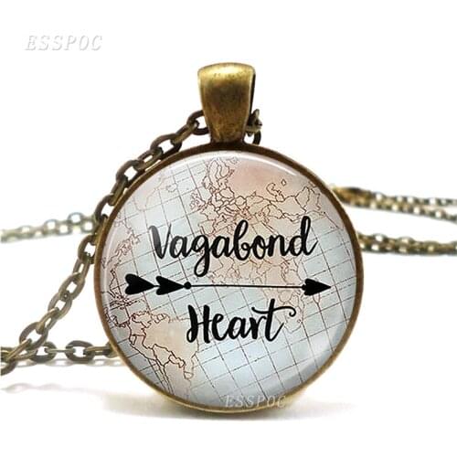 Vagabond Heart Necklace Travelers Quote Vagabond Gypsy Jewelry, Retro Style Glass Jewelry Accessories Gift for Traveler