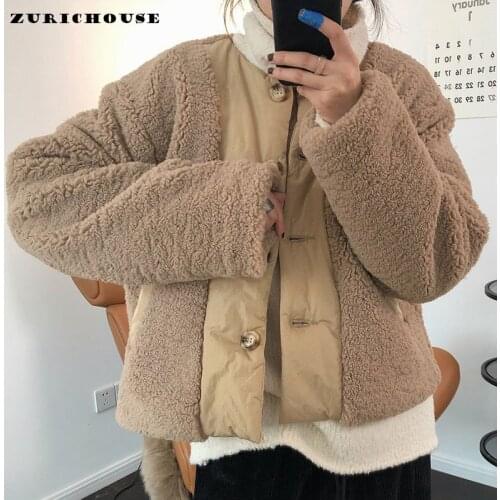 ZURICHOUSE Artificial Lambswool Spliced Cotton Padded Coat Winter Jacket Women Fashion Round Neck Loose Warm Furry Parkas Femme
