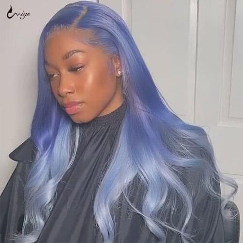Uwigs Blue Lace Front Wig Ombre Human Hair Wig Preplucked And Bleached Knots Lace Wig 4x4 Closure Wig Brazilian Hair Women