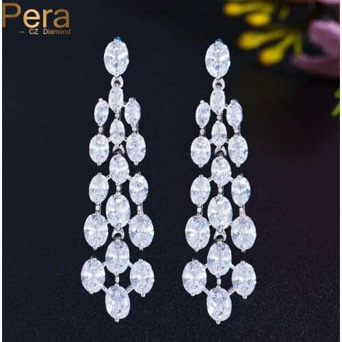 Pera High Quality White Oval Cut CZ Zircon Silver Color Long Crystal Dangle Drop Earrings Trendy Female Party Jewelry Gift E749