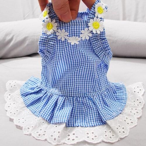 Dog Dress Mini Blue Grid Sun Lace Skirt Spring Summer Pets Outfits Dog Clothes For Small Dog Skirt Puppy Pet Costume ZM815