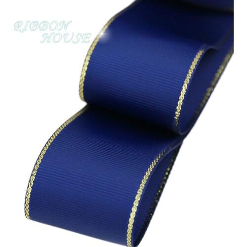 10 yards/lot) Gold Edge Dark Blue Grosgrain Ribbon Wholesale Gift Wrapping Christmas ribbons