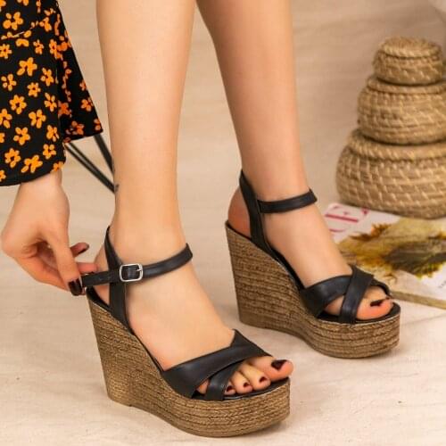 Tonar Babin Black Skin Wedges Women 'S Sandals Platform New Season Wrist Strap Summer Trend Fashion Style