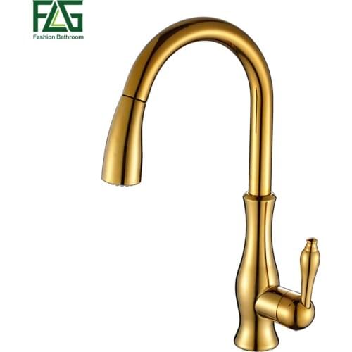 FLG Kitchen Faucet Pull Out Deck Mounted Pull Swivel 360 Degree Rotating Cold And Hot Tap Gold Torneira Dourada Mixer Tap