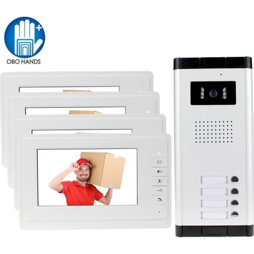 OBO HANDS 7 inch Color Video Door Phone 4 Monitors with 1 Intercom Doorbell Can Control 4 Houses for Multi Apartment/Home Safe