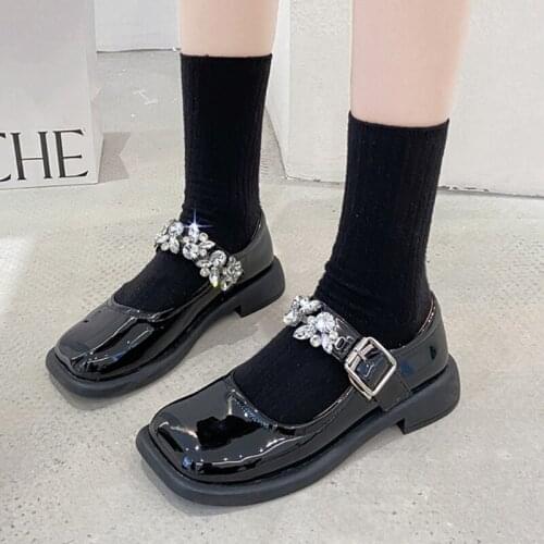 Lucyever Classic Black Crystal Pumps Women Square Toe Ankle Buckle Mary Janes Shoes Woman Patent Leather Med Heels Lolita Shoes