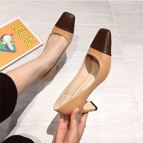 Brand Leather pumps female designer OL dress office shoes mixed color high heels woman pumps black square toe zapatos mujer 2020