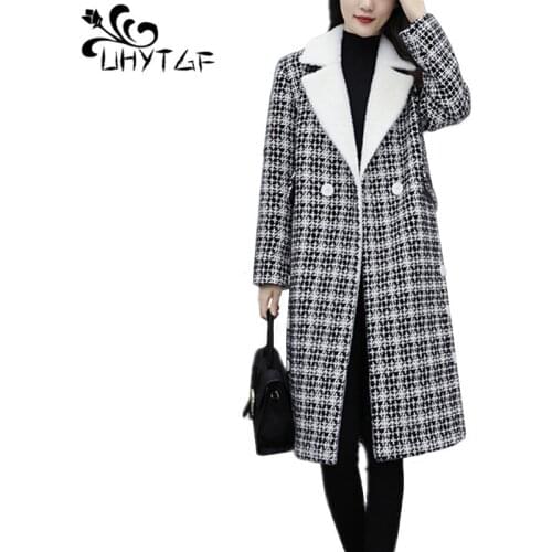 UHYTGF Women Woolen Coat Winter 5XL Plus size Women Cashmere Coat Fashion Europen Female Overcoat Gold velvet Woolen jacket X682