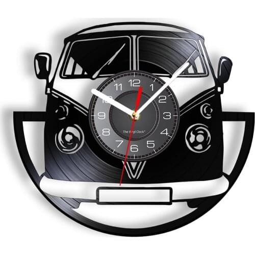 Minibus Vintage Wall Clock Made Of Vinyl Record Van Vehicle Travelling Car Laser Etched Wall Watch With LED Disk Crafts Decor
