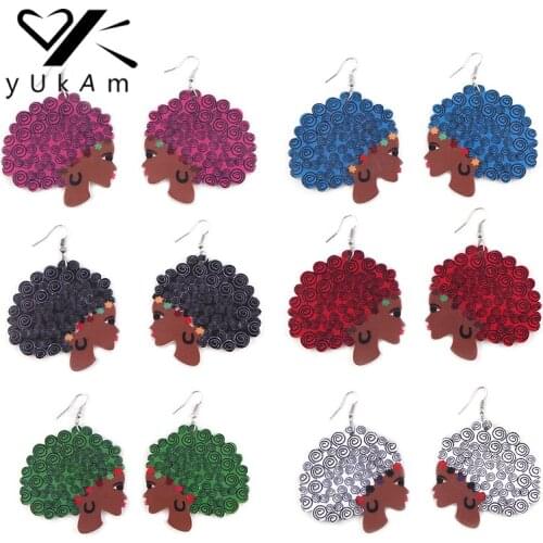 YUKAM Bohemian Afrocentric Wooden Earrings African Natural Hair Painted Earrings Hangings Silhouette Earrings for Women Jewelry
