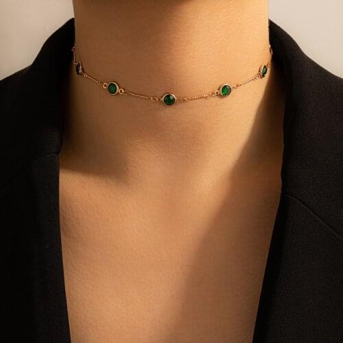 Green Rhinestone Chain Choker Necklace for Women Gold Color Alloy Metal Handmade Jewelry Accessories Collar