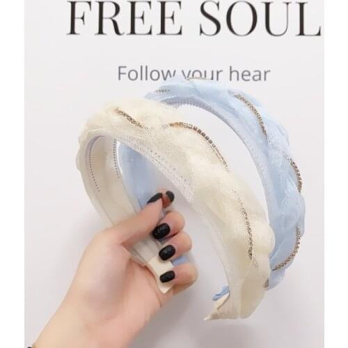 Korean version of hair accessories lace mesh hand-woven twist braid chain diamond wide-brimmed headband female headband