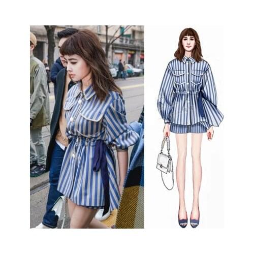 Runway 2019 Designer Women Suit Set HIGH QUALITY Newest Fashion Turn Down Collar 3/4 Sleeve Striped Blouse Shirt Shorts Set