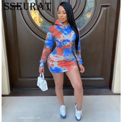 SSEURAT Autumn Tie Dye Print Hooded Women Dress Casual Streetwear Hoodies Sweatshirts Long Sleeve Dresses