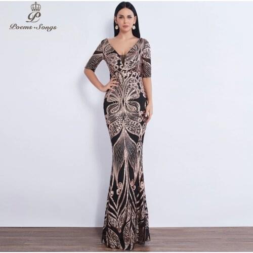 Poems Songs Half Slee new Sequin evening dress vestido de festa longo formal mermaid vestido de noche robe de soiree