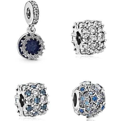 2020 New Original 925 Sterling Silver Bead Clear Blue CZ Winter Stars Dangle Charm Fit Pandora Bracelet Bangle DIY Women Jewelry