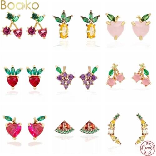 BOAKO 925 Sterling Silver Fashion Fruit Zircon Summer Stud Earrings Pink/Red Ear Nail Temperament Cherry Earring For Women Gifts