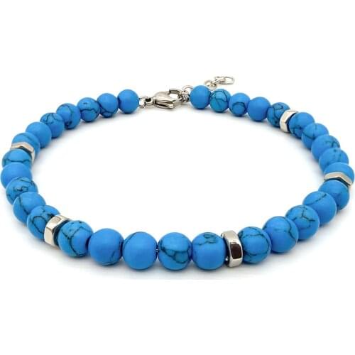 Runda Fashion Personality Blue Natural Stone Bead Bracelet Stainless Steel Jewelry