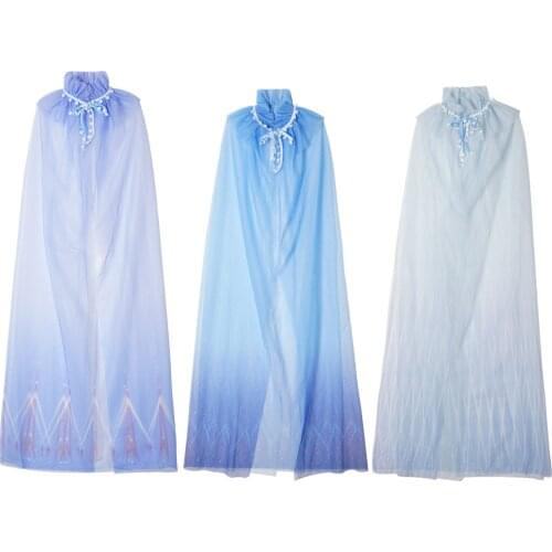 Kids Girls Princess Cloak Ruffled Pleated Stand Collar Pompom Adorned Straps Gradient Color 2 Layers Mesh Cloak Cosplay Costume