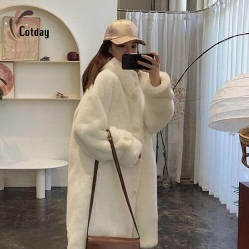 Cotday Faux Fur Long With Fur Trim White Hood Rabbit Fur 2020 Promotion Loose Coat Casual Thick Winter Warm Women Coat