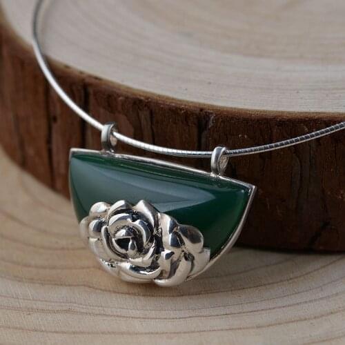 FNJ 925 Silver Pendant for Jewelry Women Original Pure S925 Sterling Silver Pendants Peony Flower Natural Green Agate