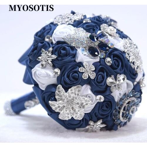 Royal Navy Blue White Vintage Bridal Bouquet for Wedding Silver Brooch Crystals Accessories Satin Roses Custom Bride Hand Bouque