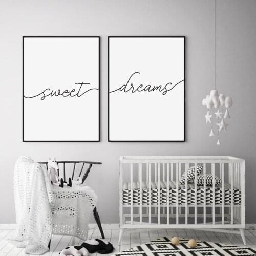 Minimalist Black and White Sweet Dreams Quotes Canvas Painting Nursery Posters Prints Wall Art Pictures for Bedroom Home Decor