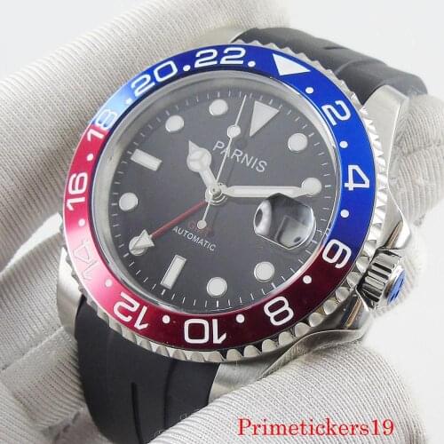 New parnis 40mm mens wristwatch auto date rotating bezel GMT function rubber band sapphire glass automatic movement