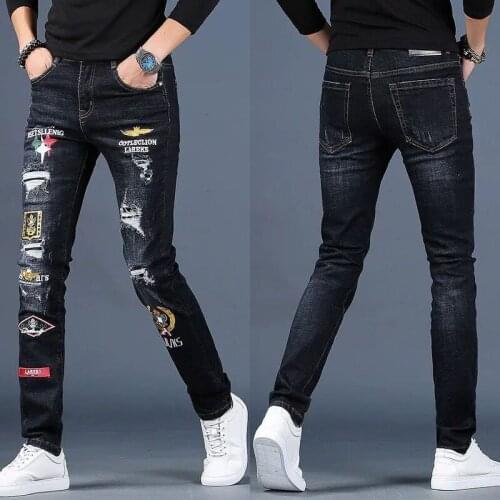 Men’s slimming stretch denim pants embroidery ripped black jeans hole&scratches casual jeans pants