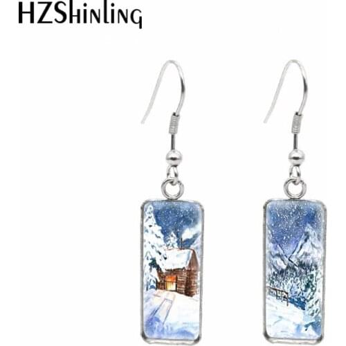 2021 New Winter Snow House Rectangular Earring Christmas Landscape Fish Hook Earrings Glass Cabochon Handmade Jewelry