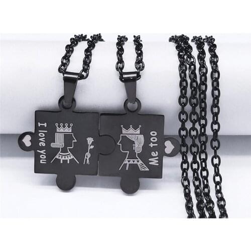 2PCS Love King Queen Stainless Steel Couples Pendant Necklace Women Black Color Jigsaw Necklaces Jewelry collar pareja XH113S03