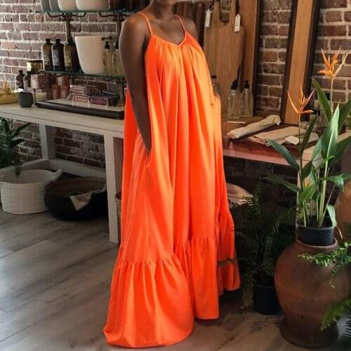 Orange Floor-Length Sleeveless Casual Long Dress Oversized Loose Spaghetti Strap Women Sunmmer Beach Holiday Dress Ruffles Maxi