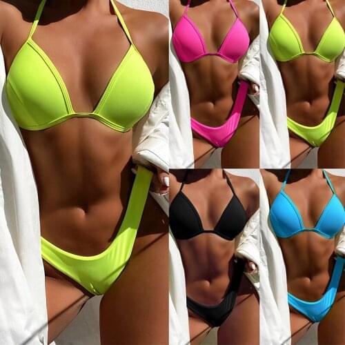 Sexy neon yellow swimsuit women Halter push up bikini set High cut swimwear Solid bathing suit Swimming String swim suit Biquini