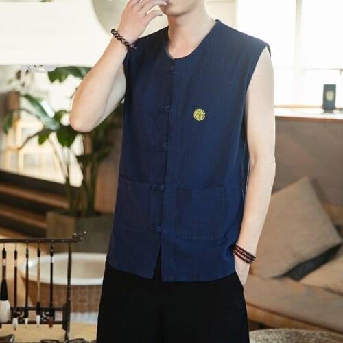 Traditional Chinese Clothing For Men Cotton Linen Tops Summer Sleeveless Shirt Kung Fu Outfit Chinese Style Hanfu Men KK3555