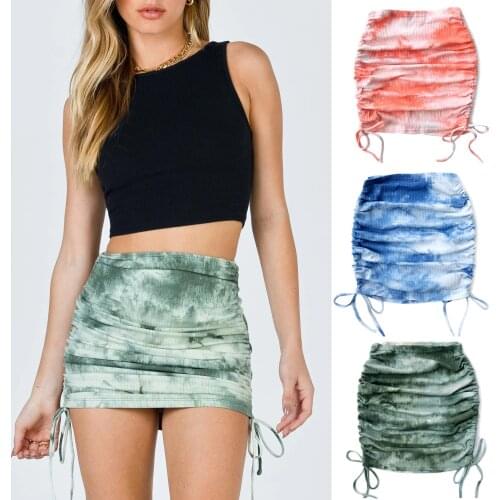 Stretch Ruffle Knit Mini Skirt 2021 New Fashion Womens Side Drawstring Sexy Tie-dye Bag Hip Skirt for Women Free Shipping