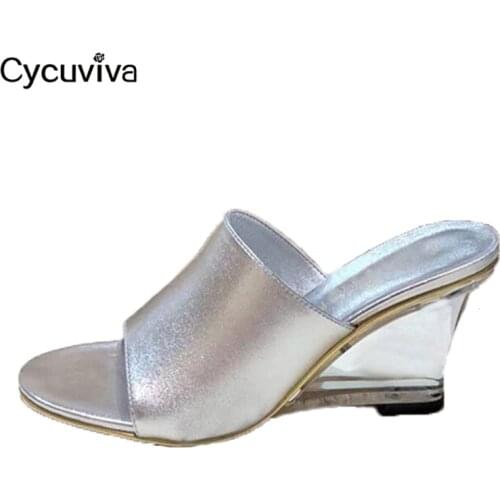Luxury Brand Shoes Woman Clear Wedge Heels Slippers Women Sliver Leather Designer Slides Summer High Heel Party Sandalias Mujer