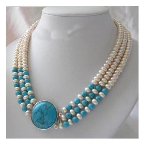 Unique Pearls jewellery Store 3row Blue Jasper White Freshwater Cultured Pearl Necklace Fine Jewelry Women Gift