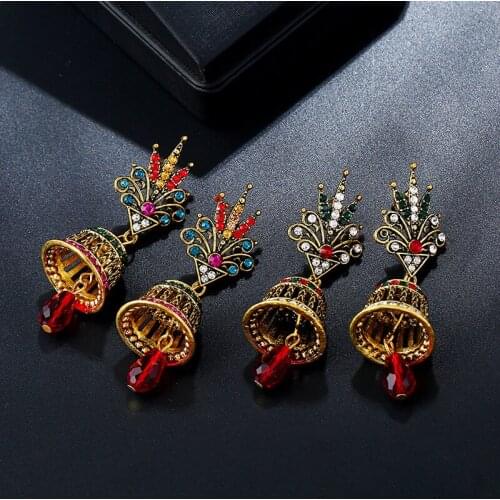 Vintage Crown Crystal Drop Dangling Earrings for Women Ethnic Indian Colorful Bell Shape Pendant Earring Jewelry