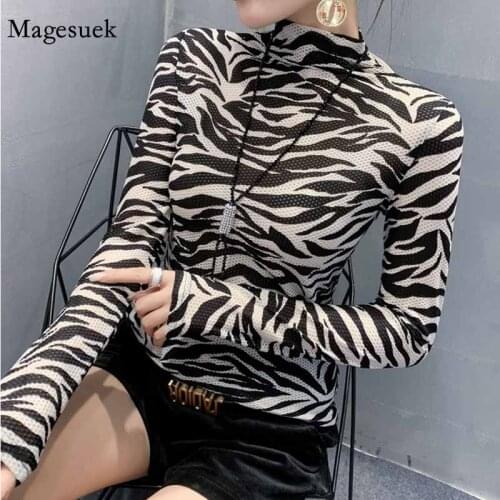 Casual Turtleneck Women Cool Streetwear Women Blouse Zebra Stripe Slim Women Shirts New Fashion Long Sleeve Shirt Blouses 11369