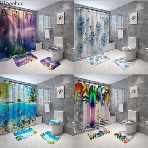 Bipoobee Butterfly Unicorn Shower Curtains Flower Pattern Bathroom Curtain Anti Slip Pedestal Rug Lid Toilet Cover Bath Mat Set