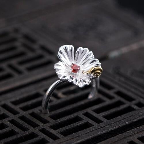 VLA 925 Sterling Silver Creative Natural National Style Flower Snail Ring Womens Wedding Exquisite Jewelry Ring Adjustable