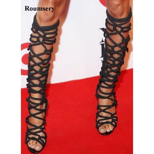 High Quality New Fashion Women Open Toe Rope Strap Cross Knee High Gladiator Boots Cut-out Thin Heel High Heel Sandal Boots