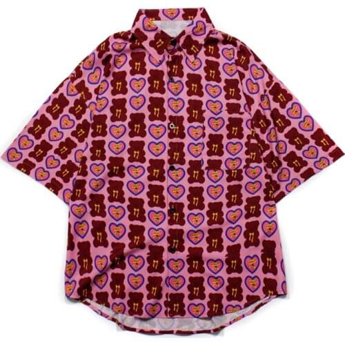 Harajuku Love Heart Anime Cartoon Bear Full Print Women All-Match Loose Short-Sleeved Shirts Summer New Fashion Men Thin Top