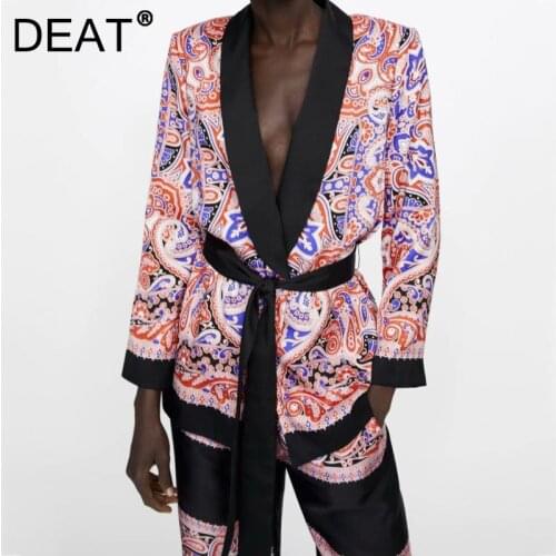 [DEAT] 2021 Autumn New Fashion Tide Coat Long Sleeve Turn-down Collar Sashes Printing Temperament Loose Blazer Women 13Z468