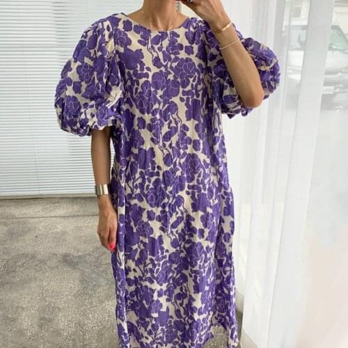 South Korea chic summer French style full screen big flower round neck loose long style over knee bubble sleeve dress for women